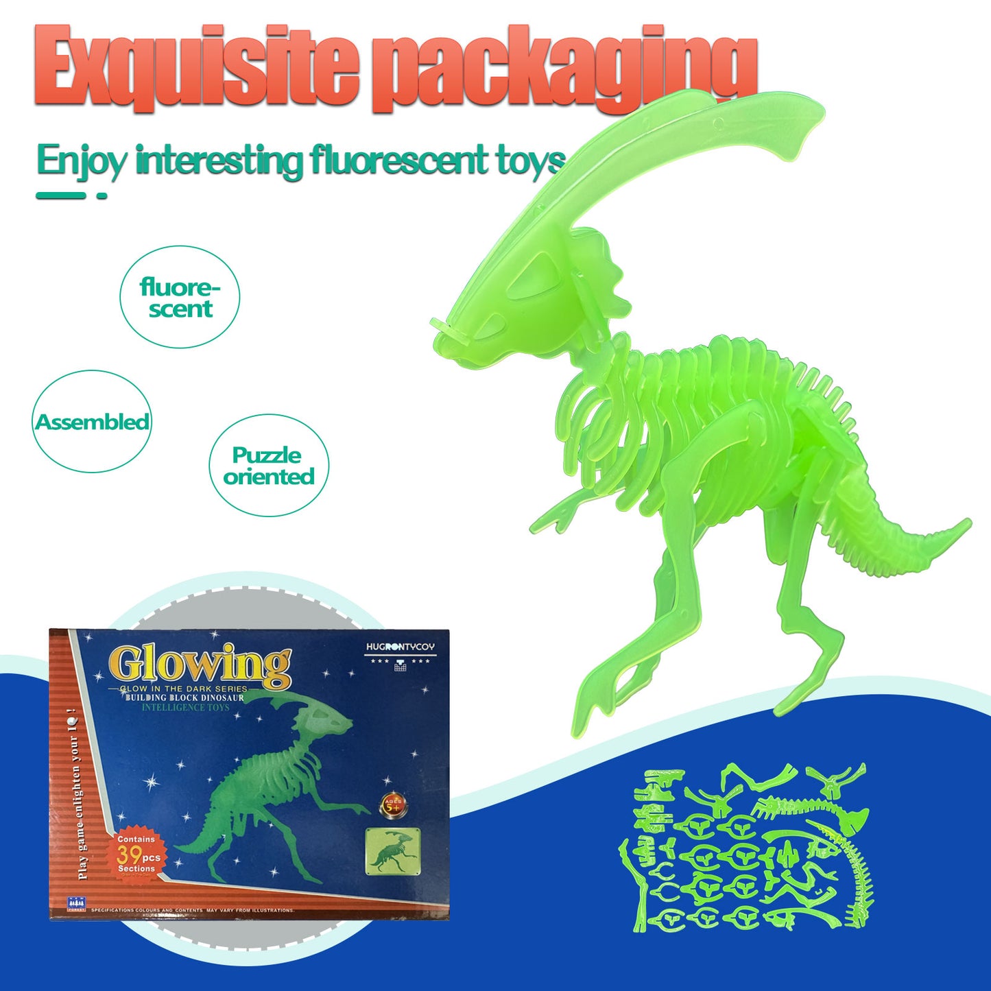 HUGRONTYCOY Glow in The Dark Building Blocks Set-Parasaurus